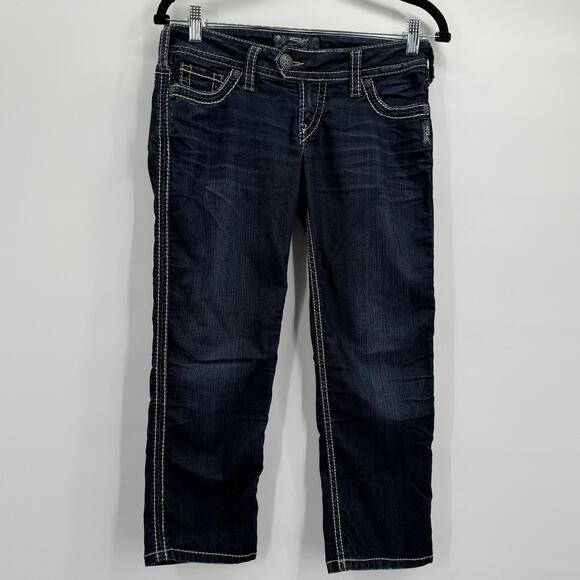 Silver Jeans Tuesday Skinny Crop Womens 27 Dark Wash Embroidered Stretch Denim - Picture 1 of 14